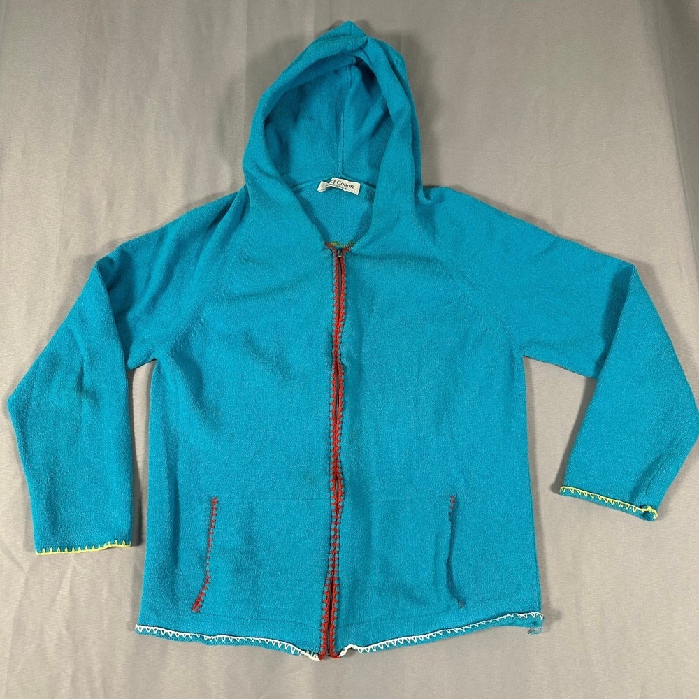 Ball of Cotton Handloomed USA Blue Floral‎ Embroidered Hoodie Sweater Large
